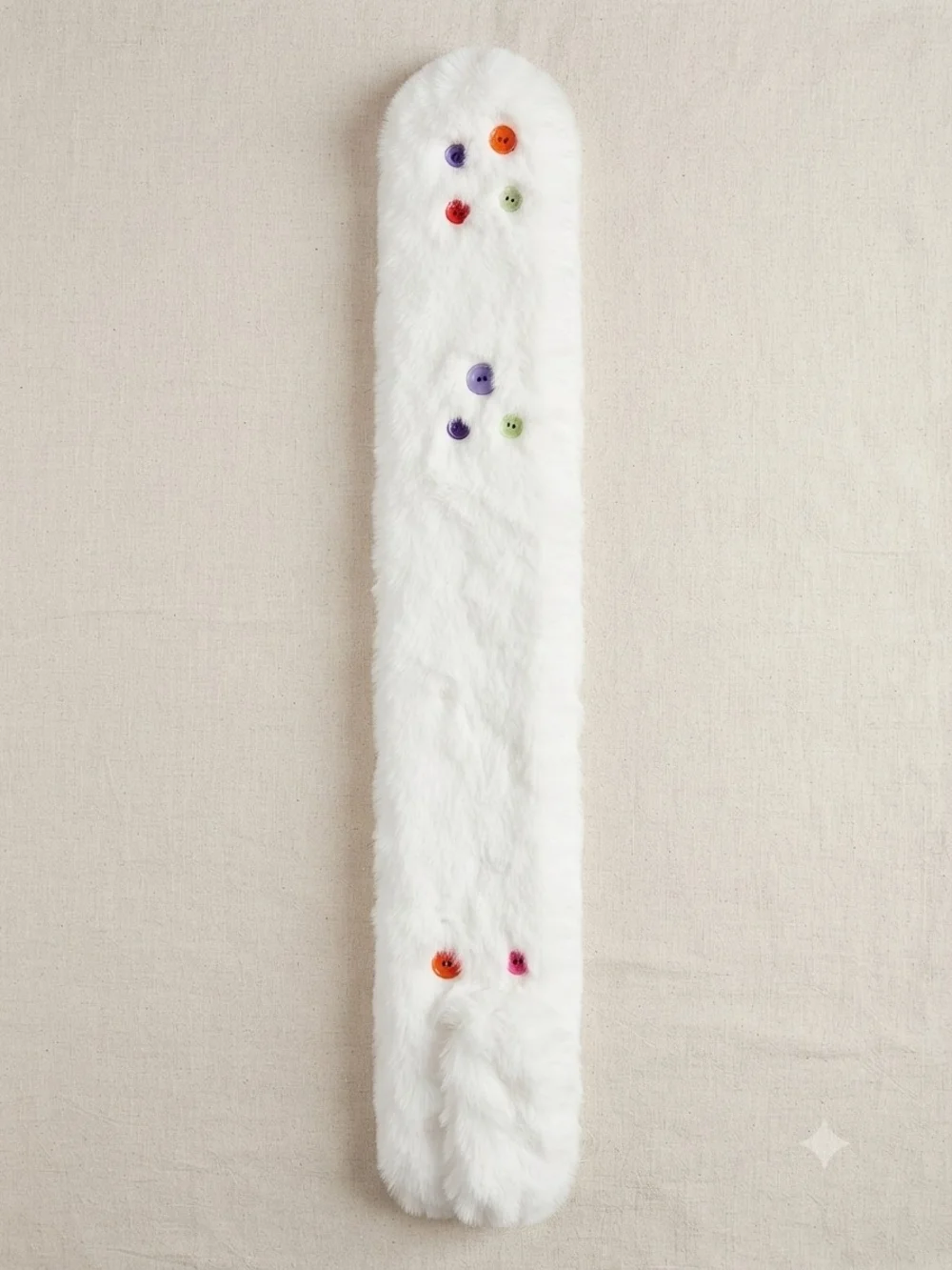 Halara Faux Fur White Winter Scarf with Colorful Accent Buttons Fun Quirky